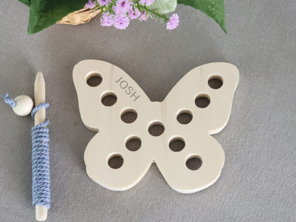 Wooden Lacing butterfly toy with Josh engraved/personalized on the butterfly