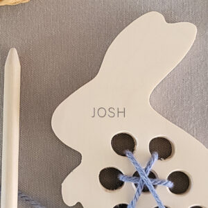 Wooden Lacing bunny toy with Josh engraved/personalized on the butterfly